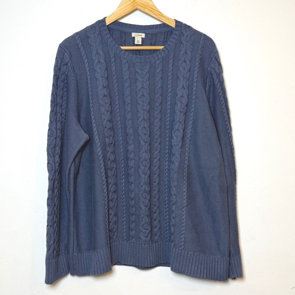 LL Bean Womens 2X Plus Blue Cotton Cable Knit Crew Neck Sweater 504267